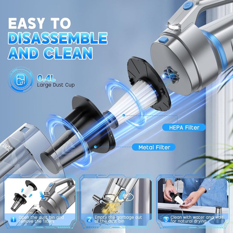 JONYJ Handheld Vacuum Cordless, 16000PA Strong Suction Hand Held Car Vacuum Cleaner, Portable Hand Vacuum Rechargeable with Multi-Nozzles & LED Light for Home, Car, Office, Pets - Image 5